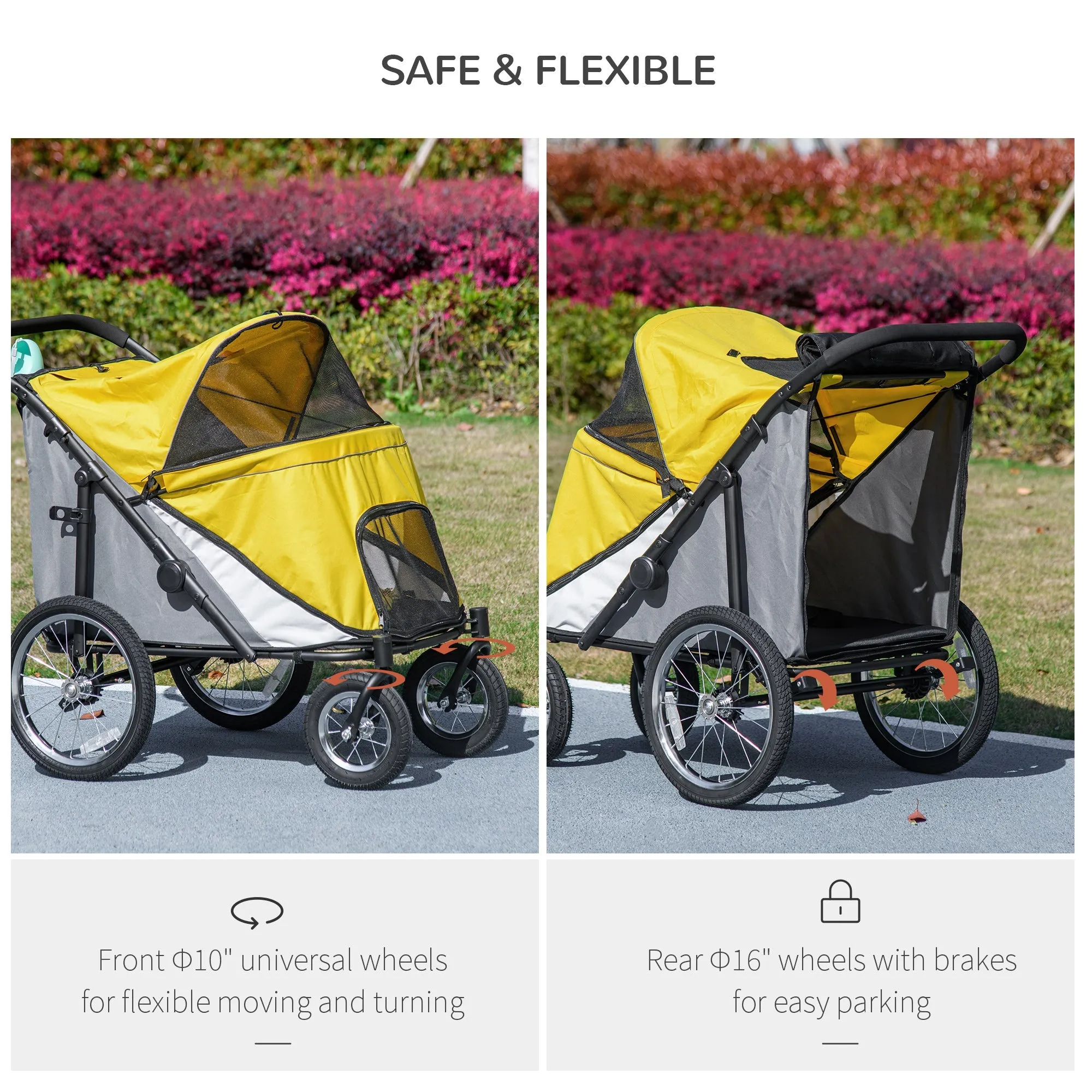 Foldable Pet Stroller with Washable Cushion Storage Bags Safety Leash for Medium Large Dogs Catts Travel - Yellow