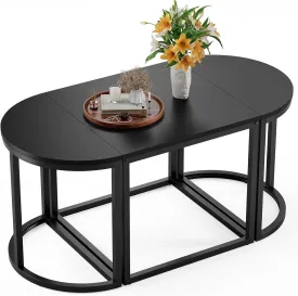 GreenForest Coffee Table Oval 3pcs Set, Modern Living Room Table with 2 End Tables, Small Center Table with Metal Frame for Home Apartment, Black