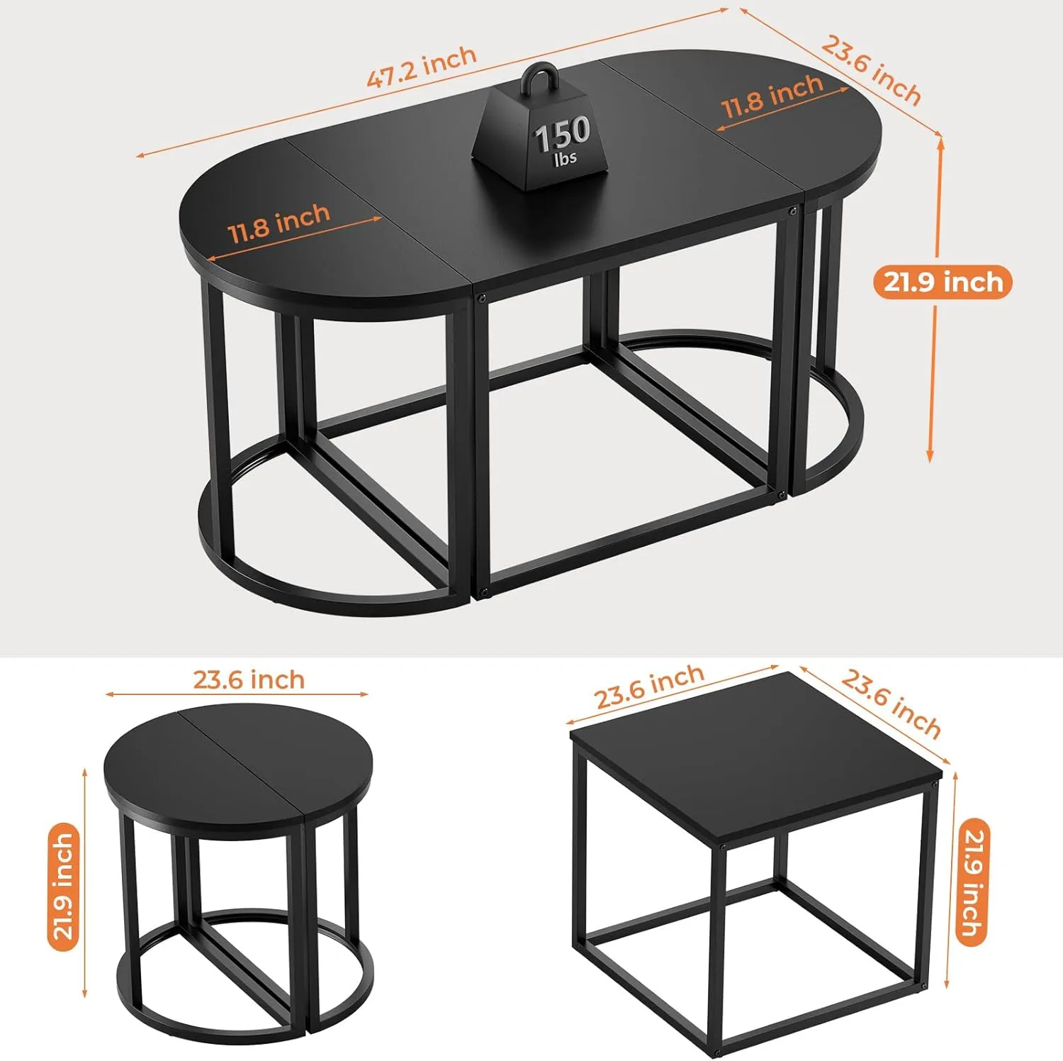 GreenForest Coffee Table Oval 3pcs Set, Modern Living Room Table with 2 End Tables, Small Center Table with Metal Frame for Home Apartment, Black