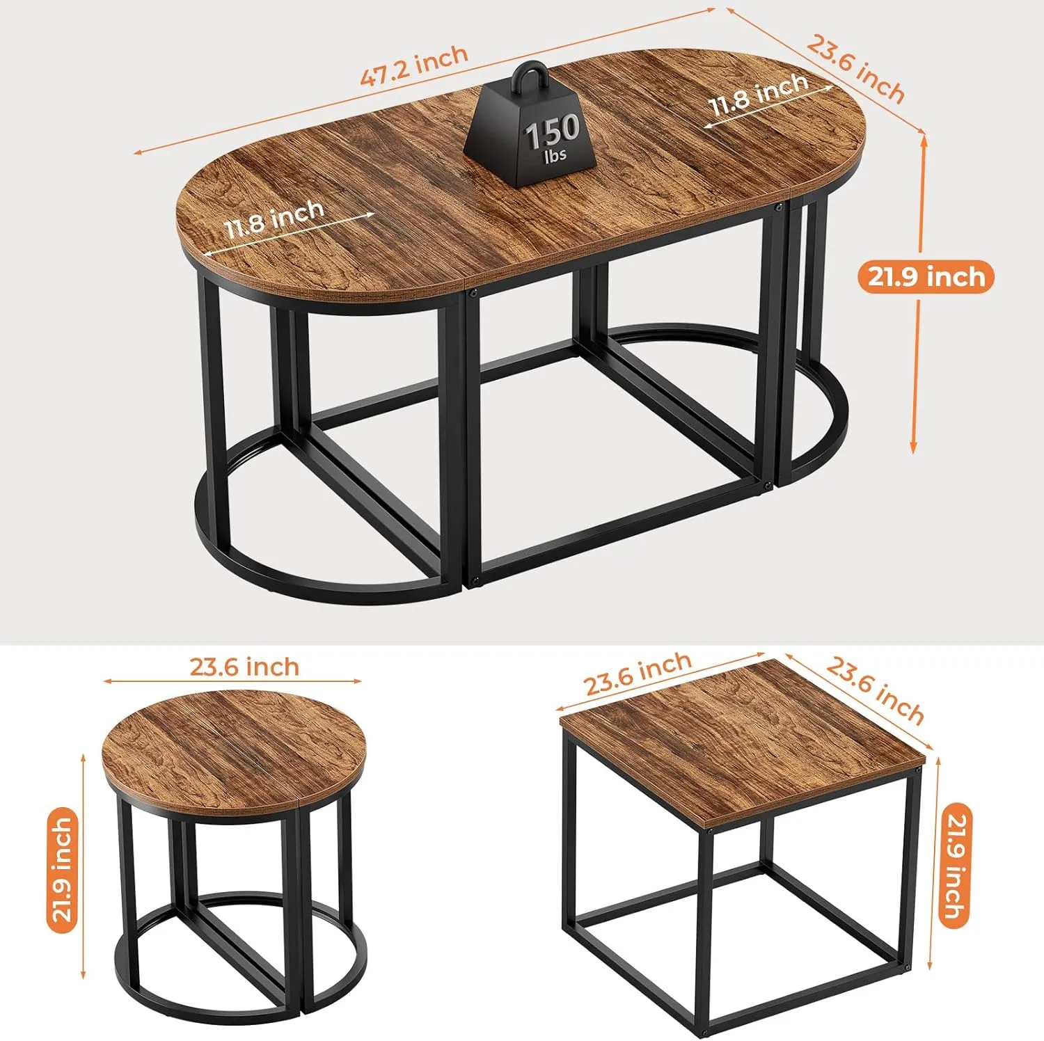 GreenForest Coffee Table Oval 3pcs Set, Modern Living Room Table with 2 End Tables, Small Center Table with Metal Frame for Home Apartment, Walnut