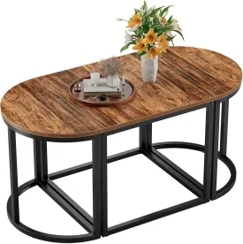 GreenForest Coffee Table Oval 3pcs Set, Modern Living Room Table with 2 End Tables, Small Center Table with Metal Frame for Home Apartment, Walnut