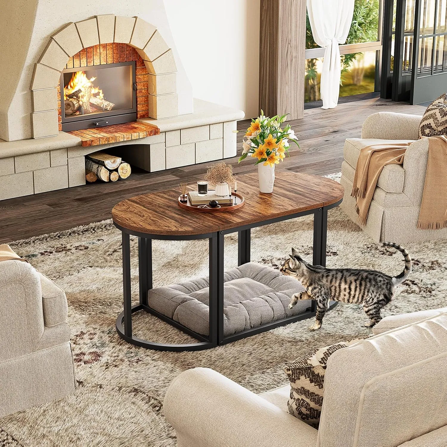 GreenForest Coffee Table Oval 3pcs Set, Modern Living Room Table with 2 End Tables, Small Center Table with Metal Frame for Home Apartment, Walnut