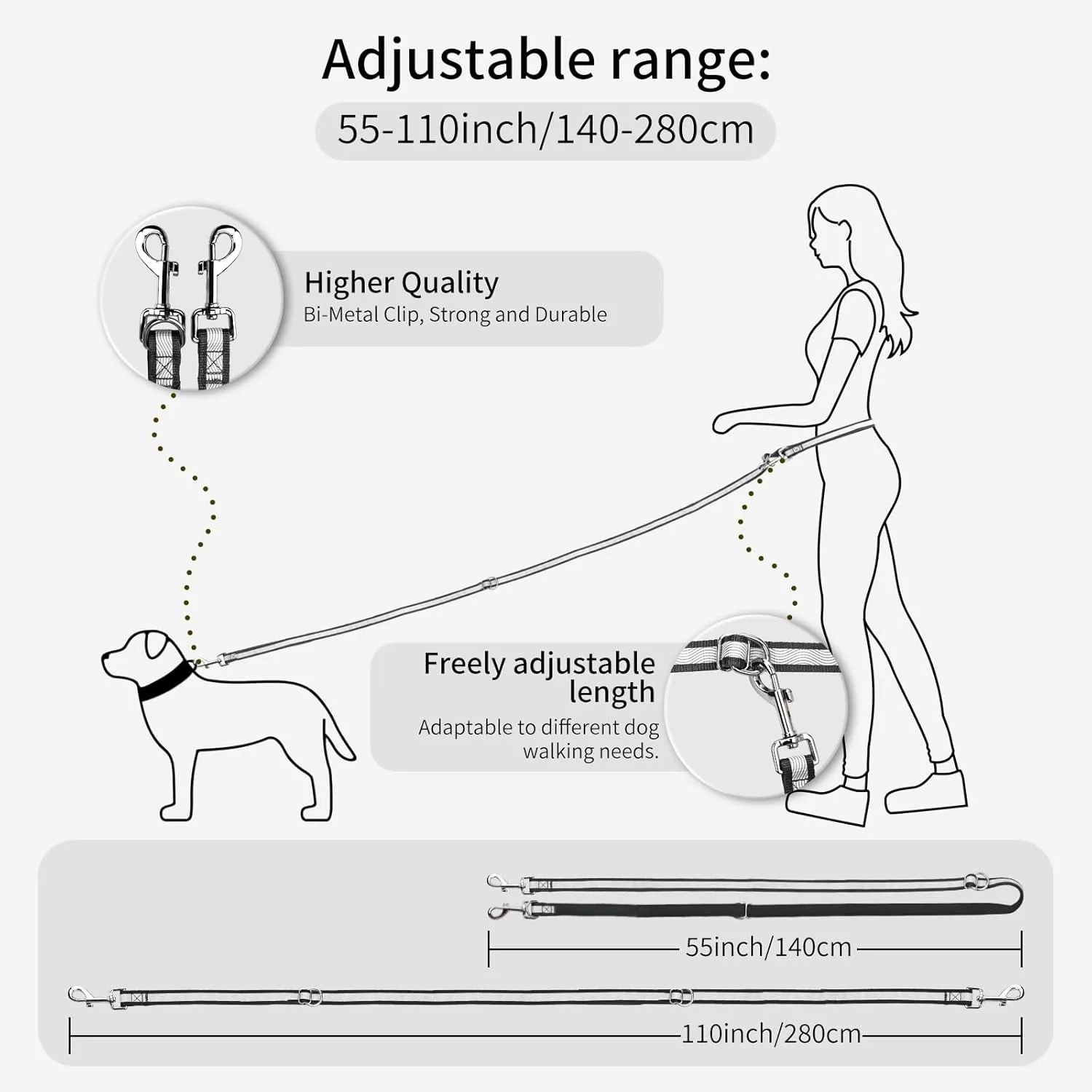 Hands Free Dog Leash, Multifunctional Crossbody Waist Leash for Dogs Walking Reflective Heavy Duty Running Dog Leashs for Medium and Large Dogs Walking,Jogging,Running,Training (Black)
