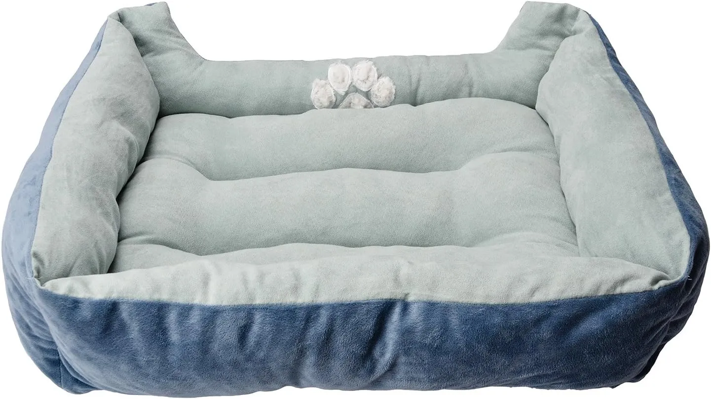 HappyCare Textiles Reversible Rectangle Pet Bed with Dog Paw Printing M size, Blue