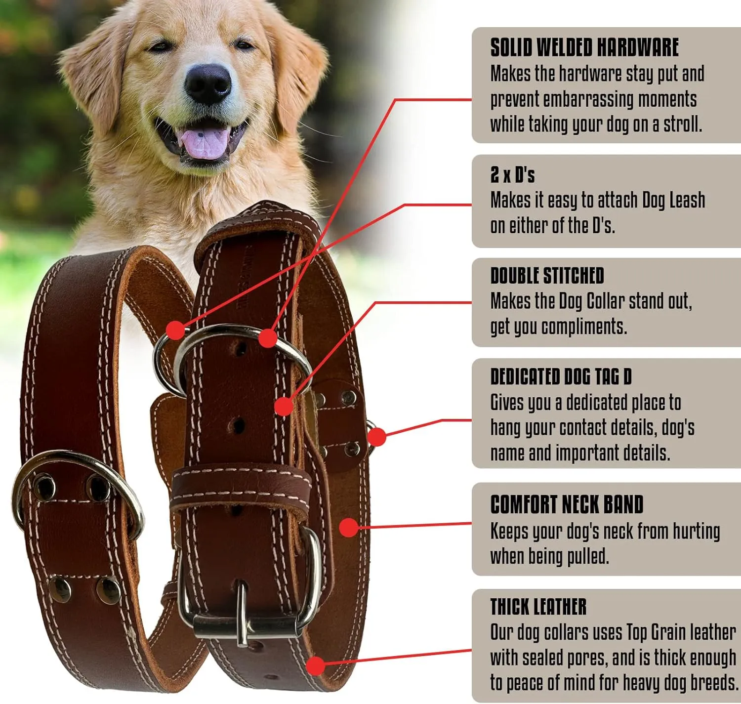 Hides & Knives Leather Dog Collar with Reinforced Hardware, Heavy Duty Dog Collars for All Breeds, Made of Top Grain Genuine Leather That is Soft & Durable (Brown, LG)