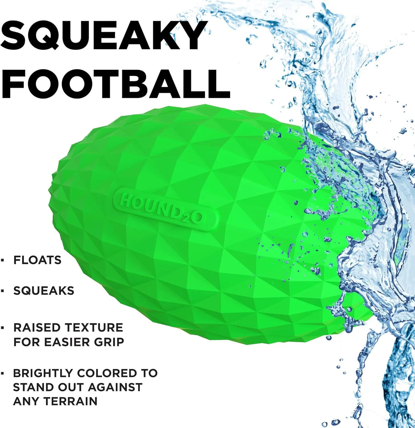 Hound2O Outdoor Dog Toys | Squeaky Football for Dogs, Bright Green | Durable Toy That Floats for Water Adventures | Interactive Ball for Dogs Made from Non-Toxic Materials