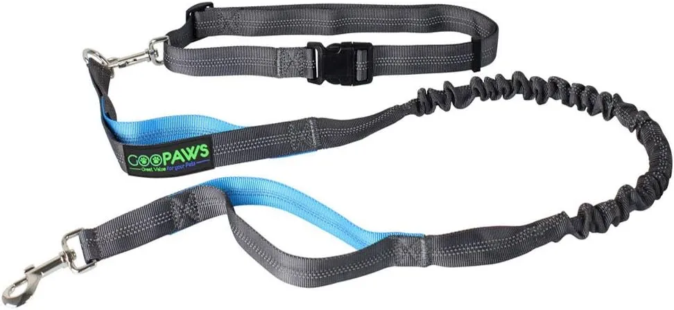 JESPET Hands Free Dog Leash for Running, Walking, Hiking Jogging for Medium & Large Dogs up to 150lbs, Durable Dual Handle Waist Leash with Reflective Bungee and Adjustable Waist (Blue)