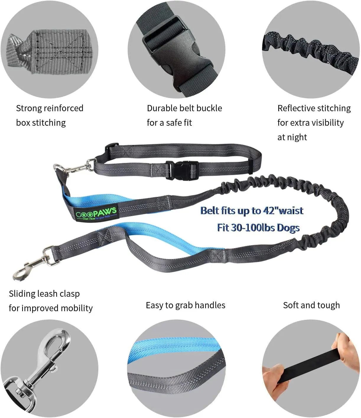 JESPET Hands Free Dog Leash for Running, Walking, Hiking Jogging for Medium & Large Dogs up to 150lbs, Durable Dual Handle Waist Leash with Reflective Bungee and Adjustable Waist (Blue)