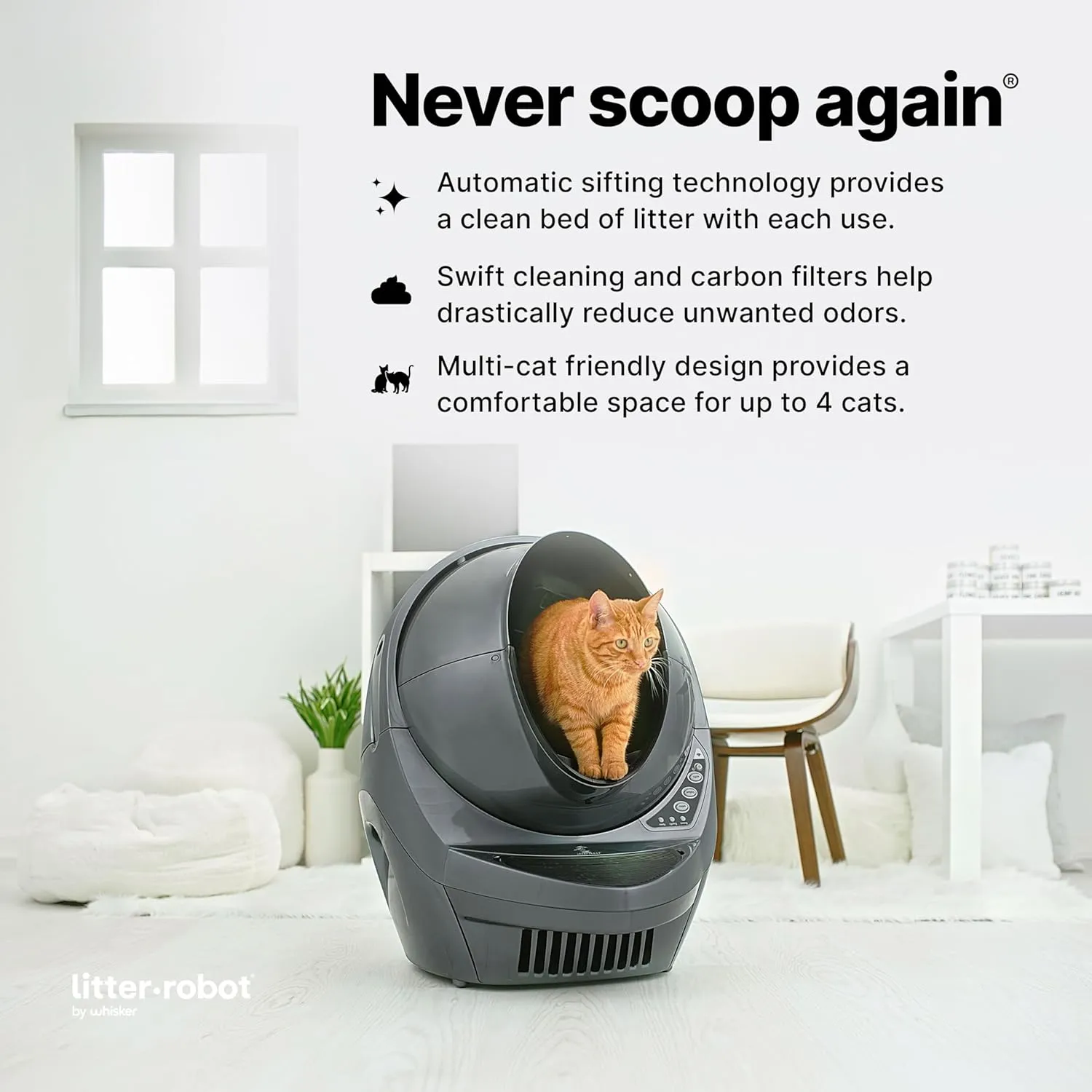 Litter-Robot 3 Connect by Whisker, Grey - Automatic, Self-Cleaning Cat Litter Box, Helps Reduce Litter Box Odors, Works with Almost Any Clumping Litter, WhiskerCare 1-Year Warranty