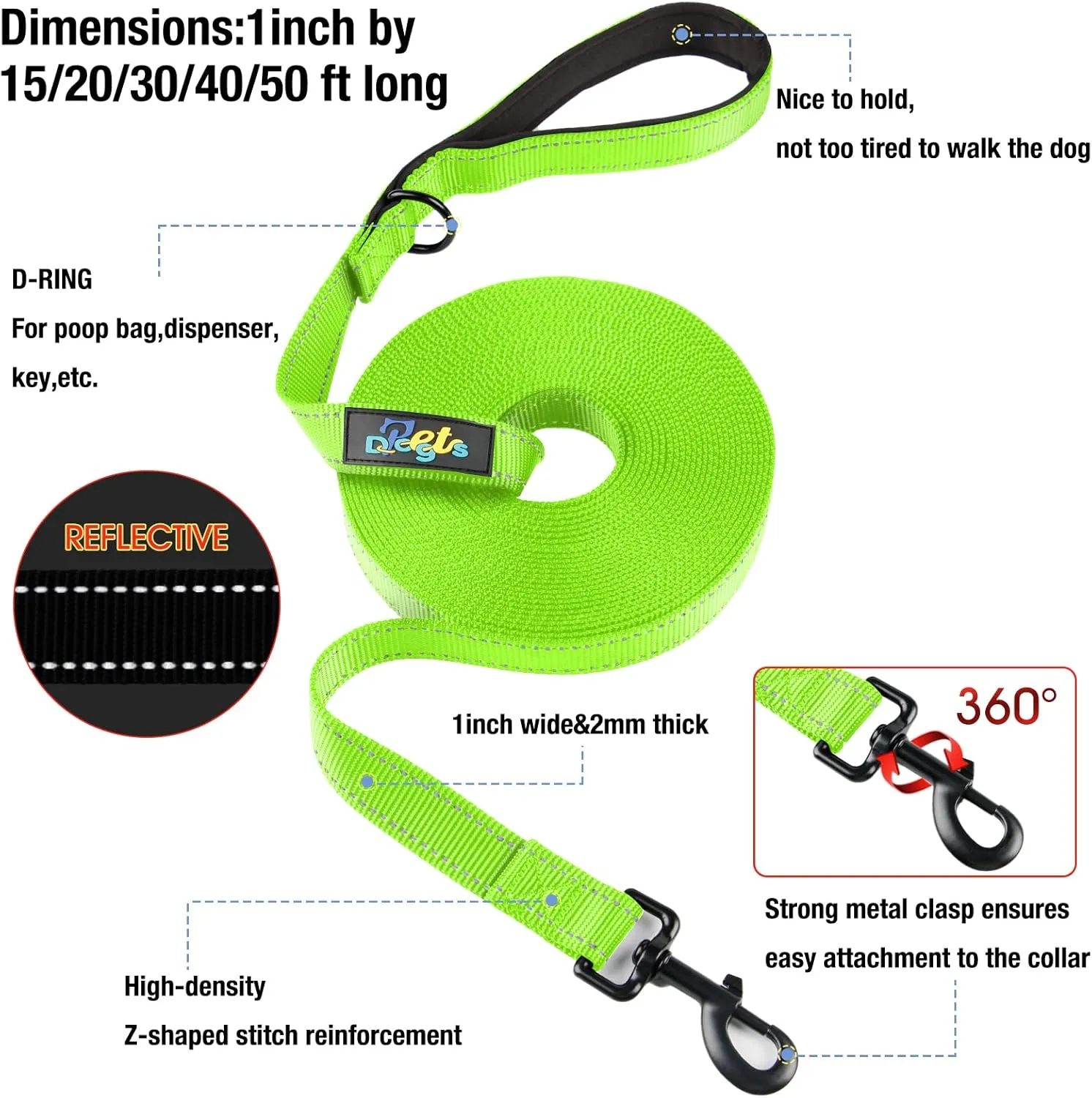 Long Leash for Dog Training 15ft 20ft 30ft 50ft 100ft - Obedience Recall Training Lead for Large Medium Small Dogs - Great for Training Playing Camping Backyard (Green, 50FT)