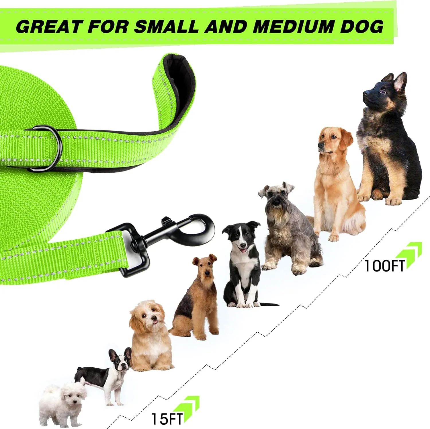 Long Leash for Dog Training 15ft 20ft 30ft 50ft 100ft - Obedience Recall Training Lead for Large Medium Small Dogs - Great for Training Playing Camping Backyard (Green, 50FT)