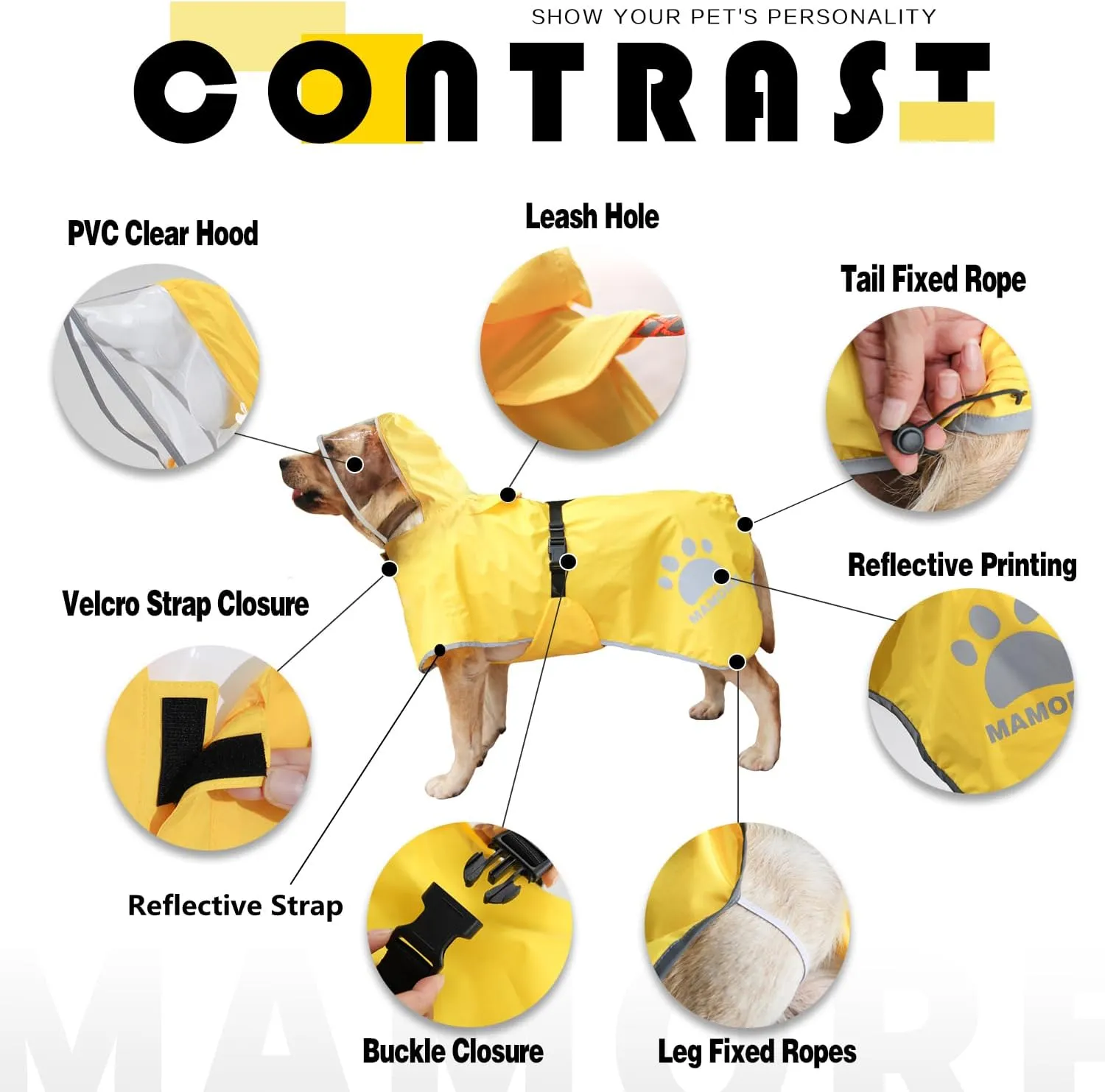 MAMORE Dog Raincoat Hooded Rain Jacket for Small Medium Large Dogs Slicker Poncho Bottom Waterproof Adjustable Reflective Breathable Leash Hole (Yellow, Medium)