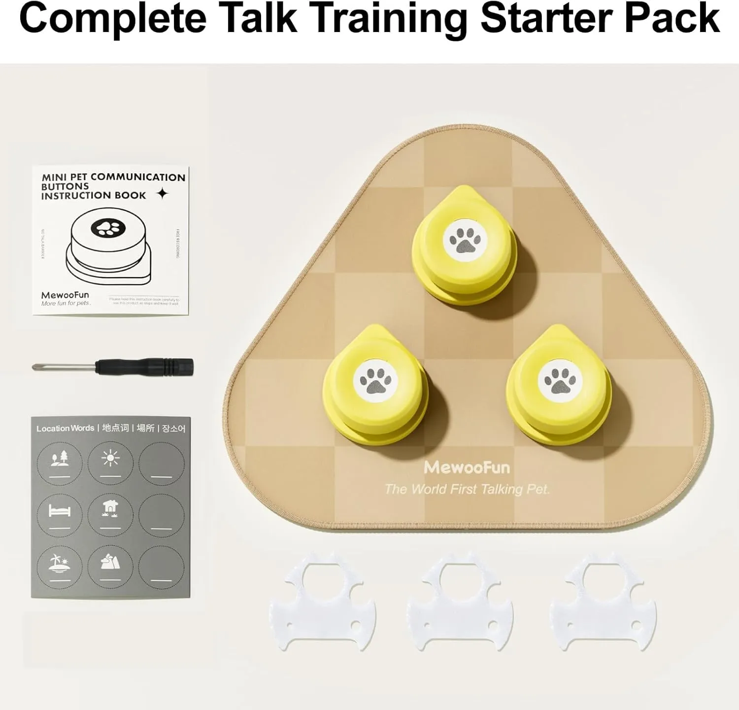 MEWOOFUN Dog Buttons Talk, Recordable Dog Clicker for Training, Dog Buttons for Communication Starter Set with Mat, Dog Training Clicker for Small Dogs & Cats (Yellow, 3 Packs)