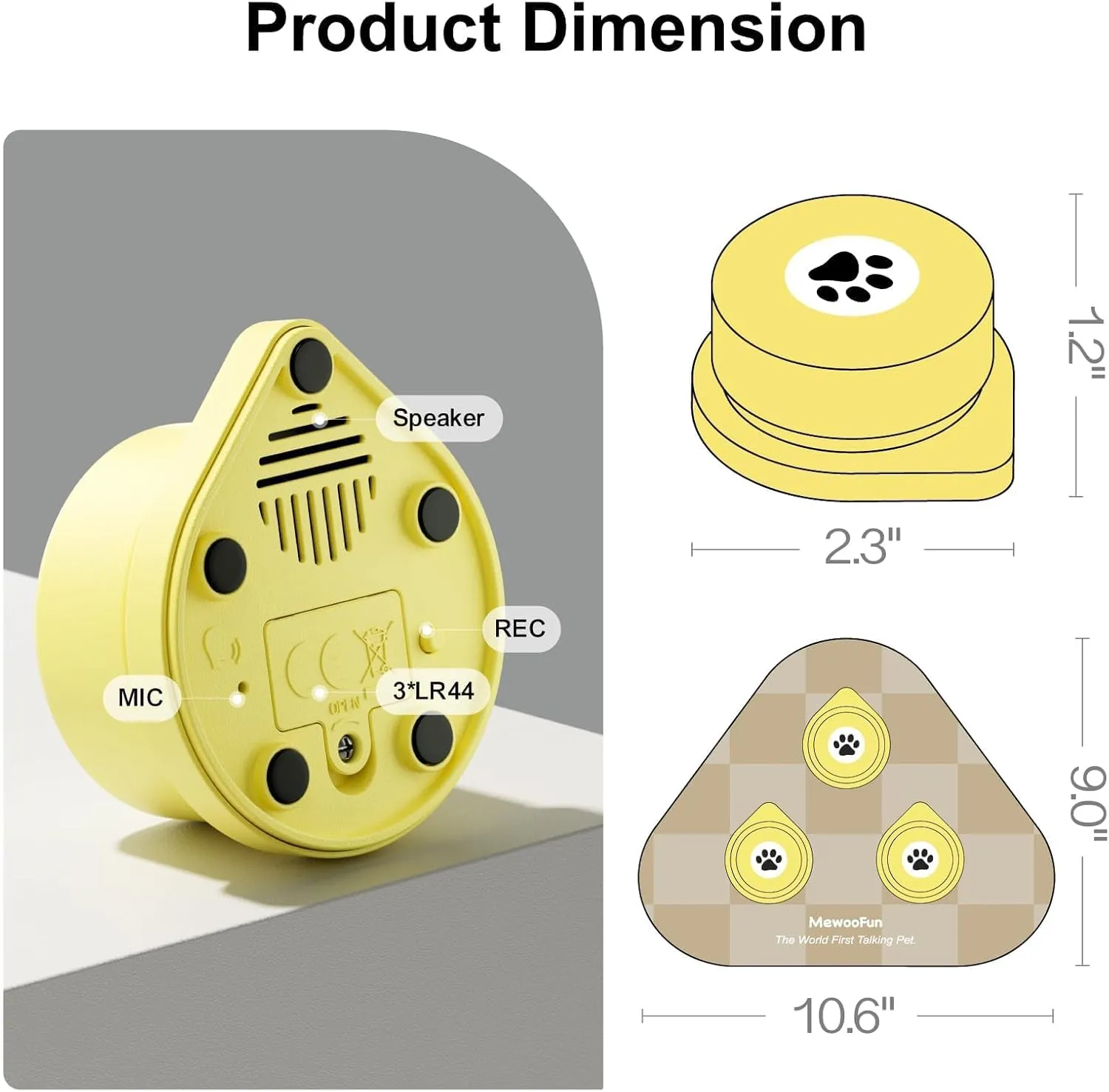 MEWOOFUN Dog Buttons Talk, Recordable Dog Clicker for Training, Dog Buttons for Communication Starter Set with Mat, Dog Training Clicker for Small Dogs & Cats (Yellow, 3 Packs)