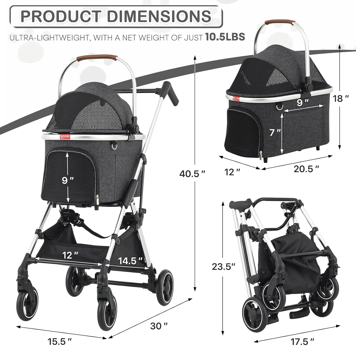 MoNiBloom Pet Stroller for Small/Medium Dogs w/Detachable Carrier & Lightweight Aluminum Frame, Folding Jogging Travel Stroller, Dark Gray
