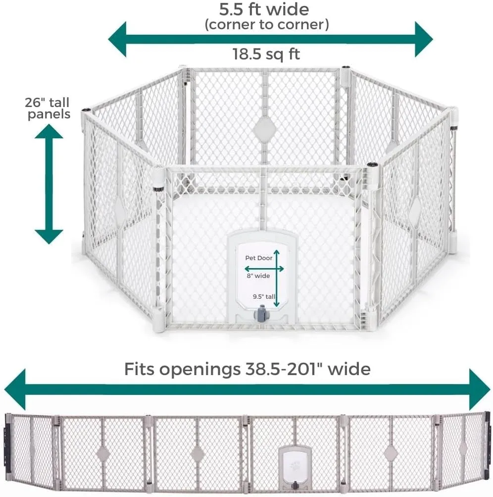 MyPet North States Petyard Passage: 6-Panel Dog Playpen or Dog Fence, Wall Mount Kit Included. Free Standing Play Pen 5.5 ft Corner to Corner, Lockable Pet Door. Made in USA. 26" Tall, Light Gray