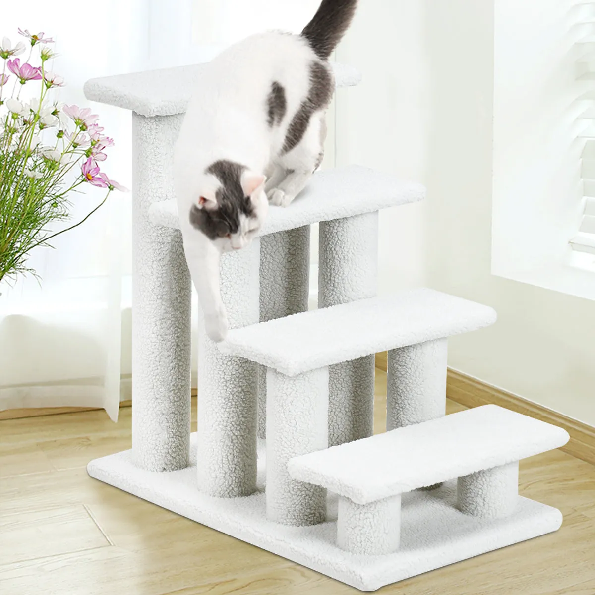 NNECW 4-Step Pet Stairs with Portable Design for Cats and Dogs-White