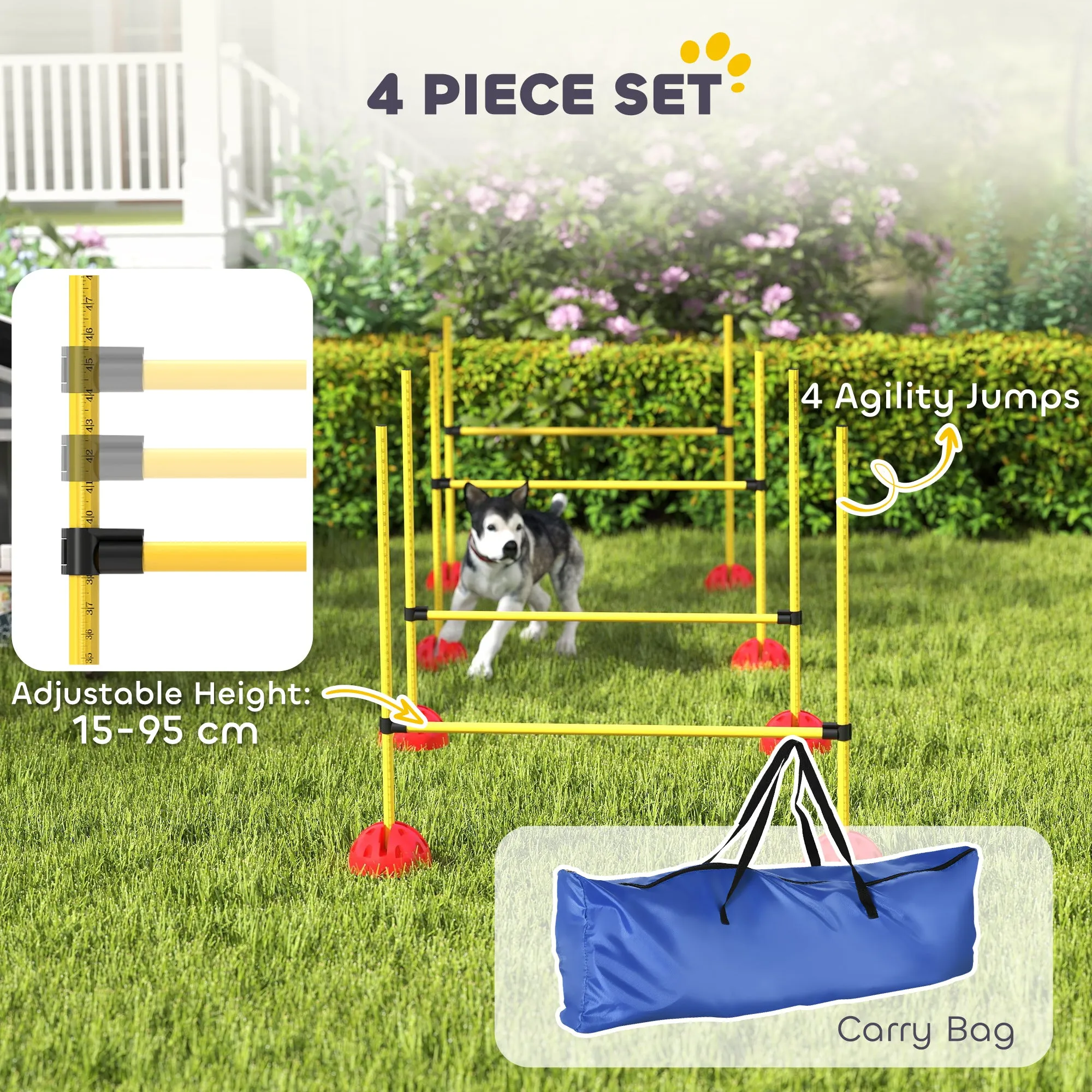 PawHut 4 Piece Dog Agility Equipment with 4 Hurdle & Carry Bag for Jump Training, Yellow