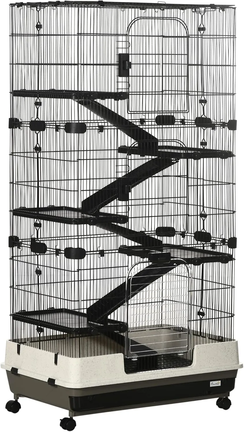 PawHut 59.5" Small Animal Cage with Wheels, 6-Level Portable Bunny Cage, Chinchilla Ferret Cage with Removable Tray, Platform and Ramp