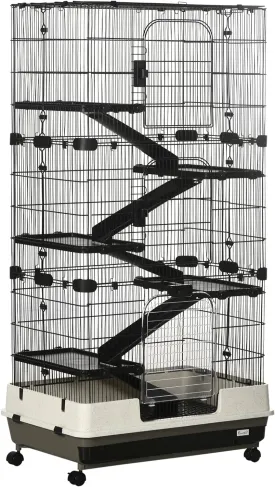 PawHut 59.5" Small Animal Cage with Wheels, 6-Level Portable Bunny Cage, Chinchilla Ferret Cage with Removable Tray, Platform and Ramp
