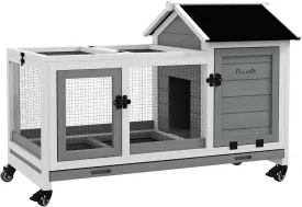 PawHut Indoor Outdoor Wooden Rabbit Hutch with Wheels, Large Bunny Hutch with Run & Slide-Out Tray for Small Animals, Guinea Pig, Gray