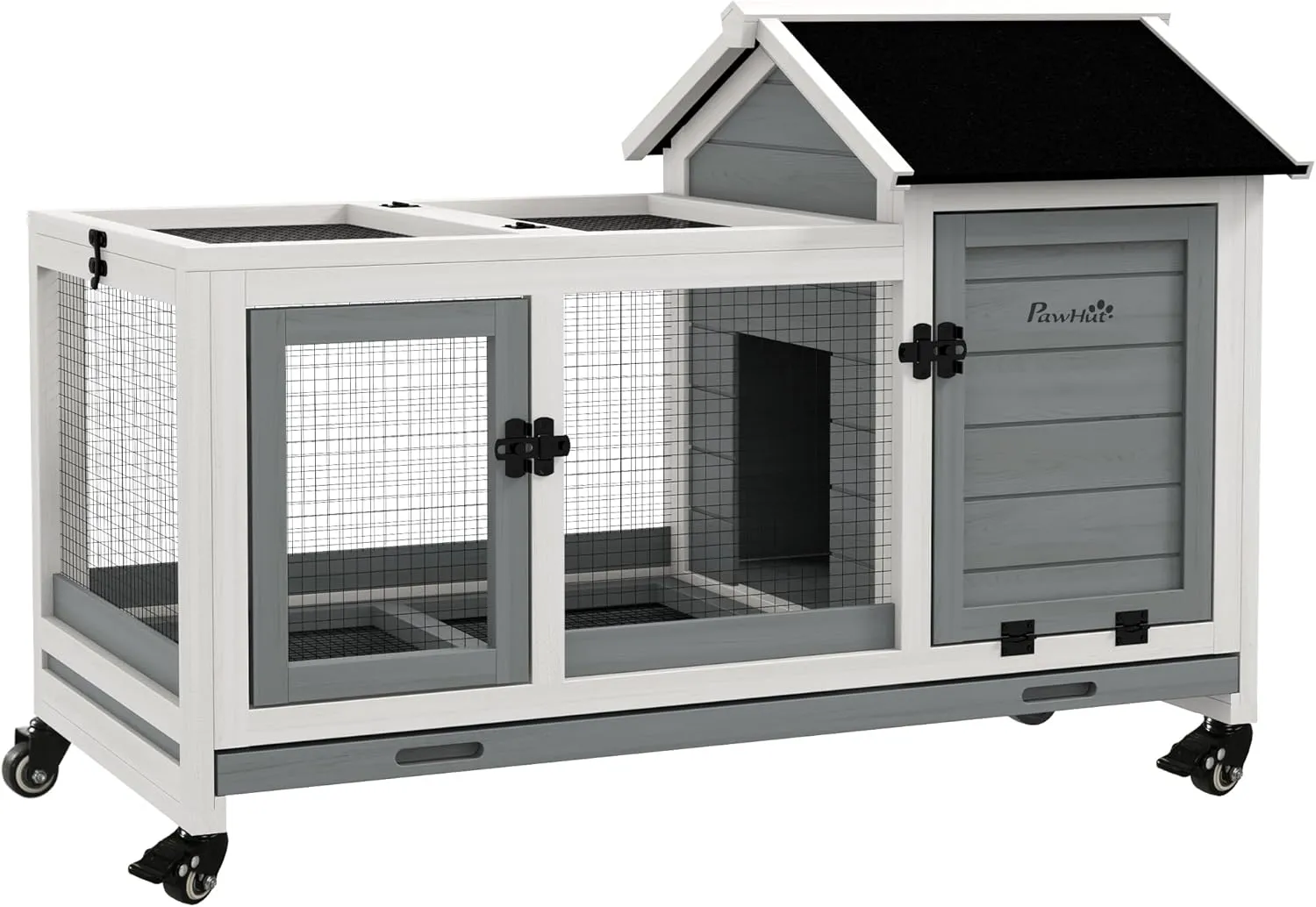 PawHut Indoor Outdoor Wooden Rabbit Hutch with Wheels, Large Bunny Hutch with Run & Slide-Out Tray for Small Animals, Guinea Pig, Gray