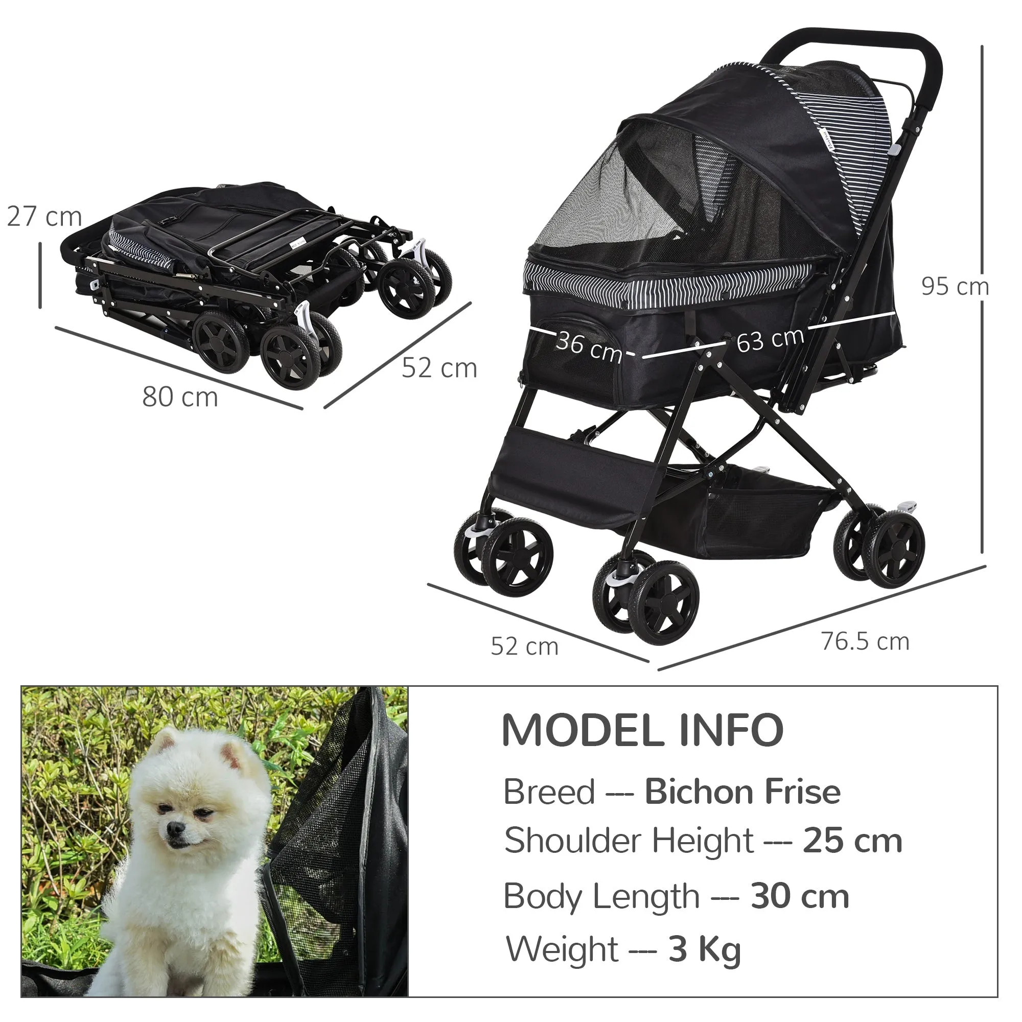 PawHut Pet Stroller Dog Foldable Travel Carriage with Reversible Handle, Black