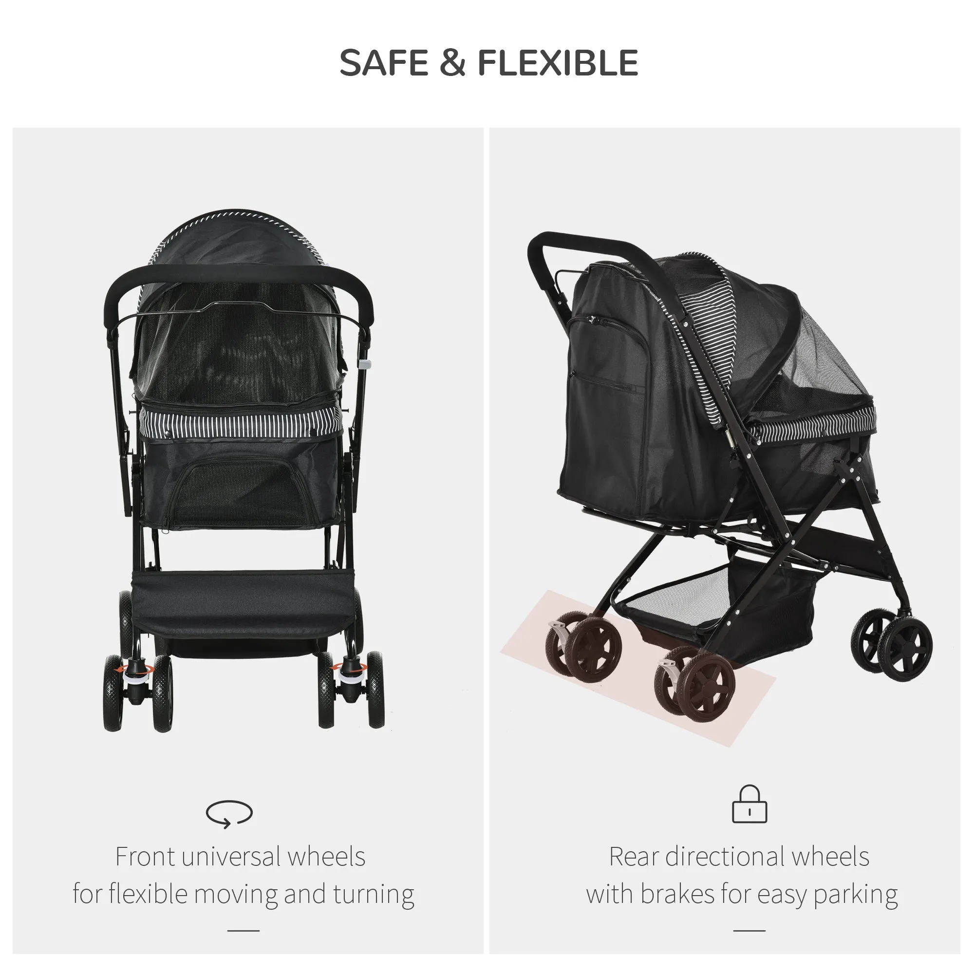 PawHut Pet Stroller Dog Foldable Travel Carriage with Reversible Handle, Black