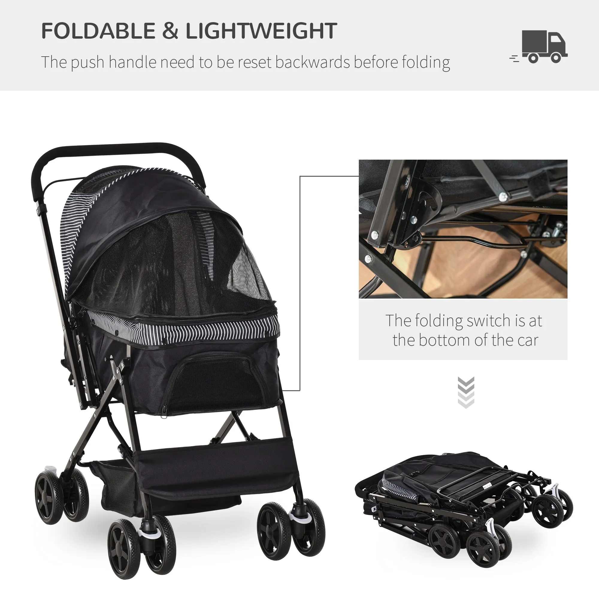 PawHut Pet Stroller Dog Foldable Travel Carriage with Reversible Handle, Black