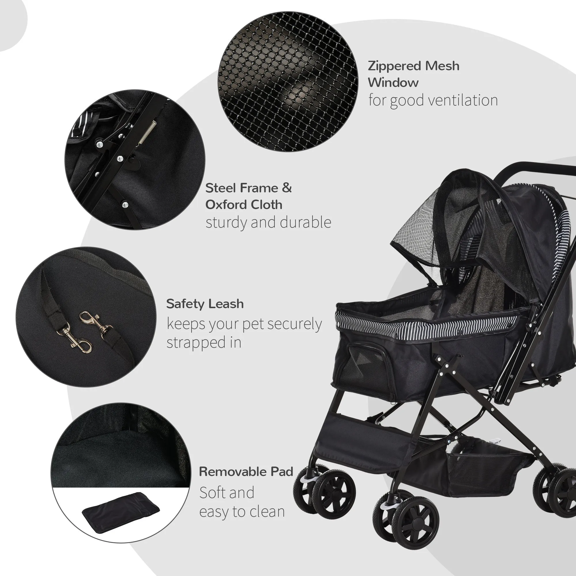 PawHut Pet Stroller Dog Foldable Travel Carriage with Reversible Handle, Black