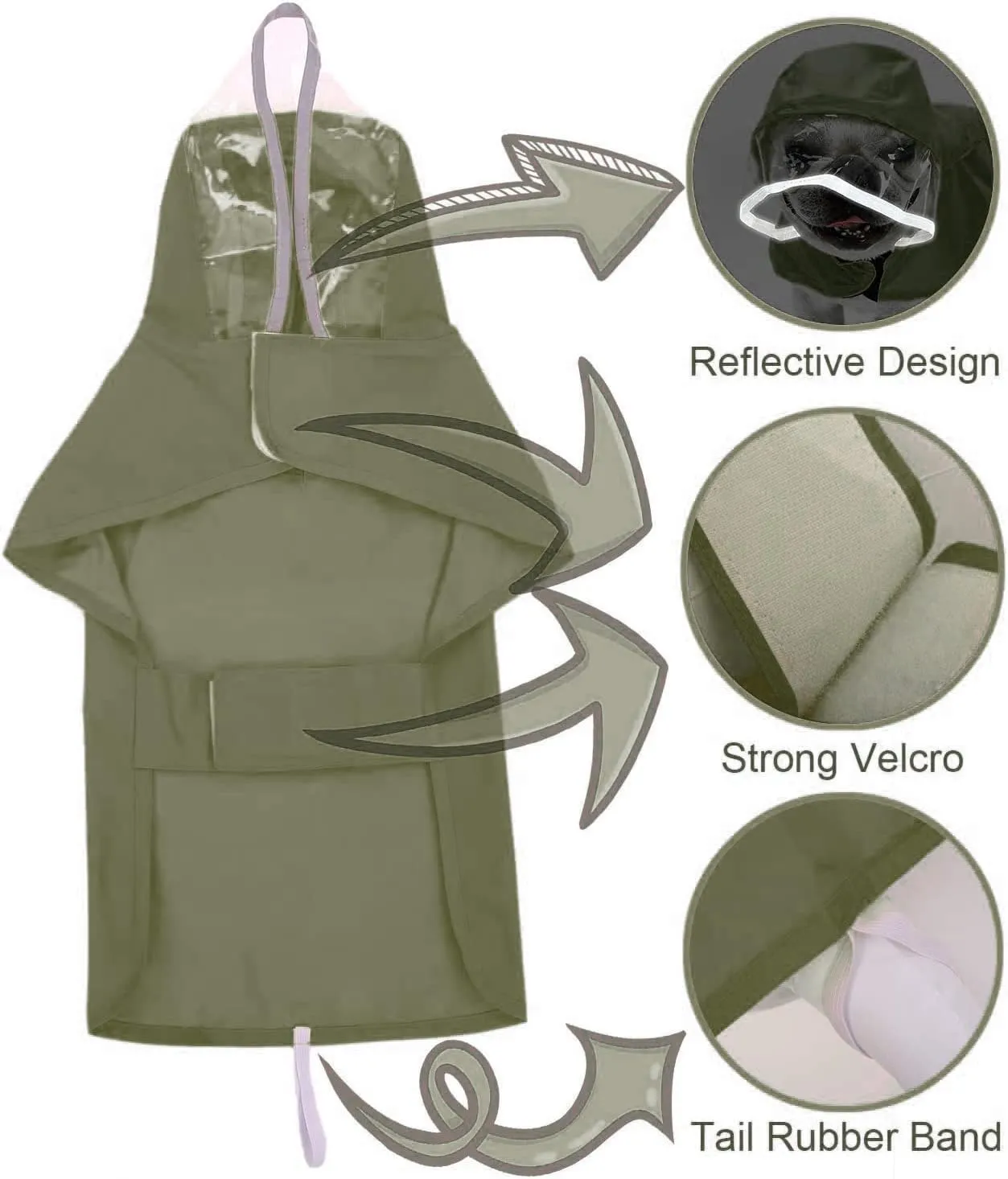 Pet Raincoat Packable Hooded Dog Rain Jacket Reflective Strips Lightweight Adjustable Poncho for Small Medium Large Dogs Army Green S