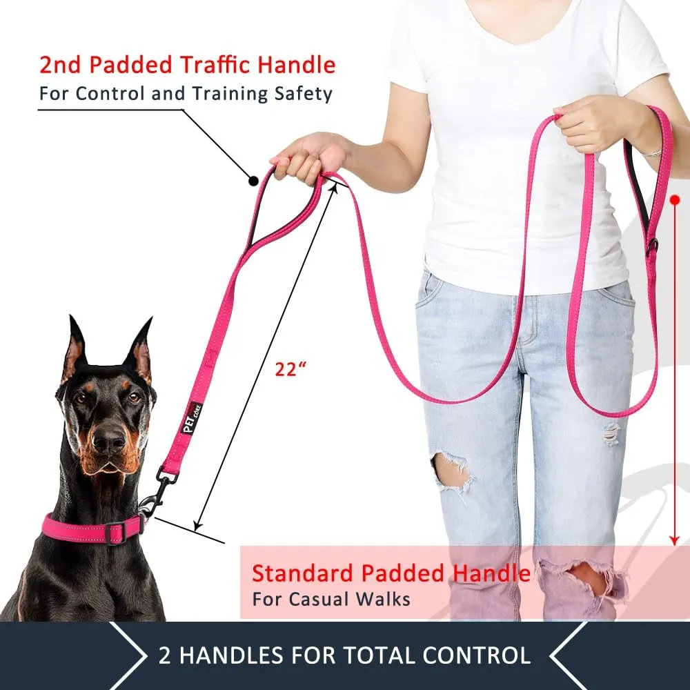 Plutus Pet Double Handle Dog Leash 4ft, Heavy Duty, Reflective Dual Handle Dog Leash for Safety Training, for Medium Large Dogs,2 Handle Leads(Pink)
