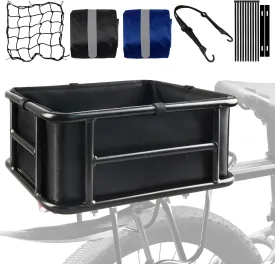 Rear Rack Bike Basket, Large Rear Bike Basket with Liners & Cargo Net & 2 Rain Covers, Heavy Duty Metal Bicycle Basket for Bicycle, Ebike, Electric Bike