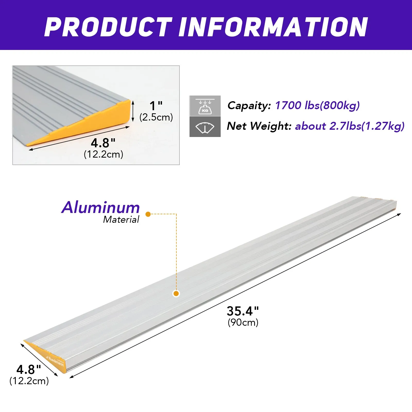 Ruedamann® Threshold Ramp Lightweight Aluminum Non Slip Mobility Assistance Ramp