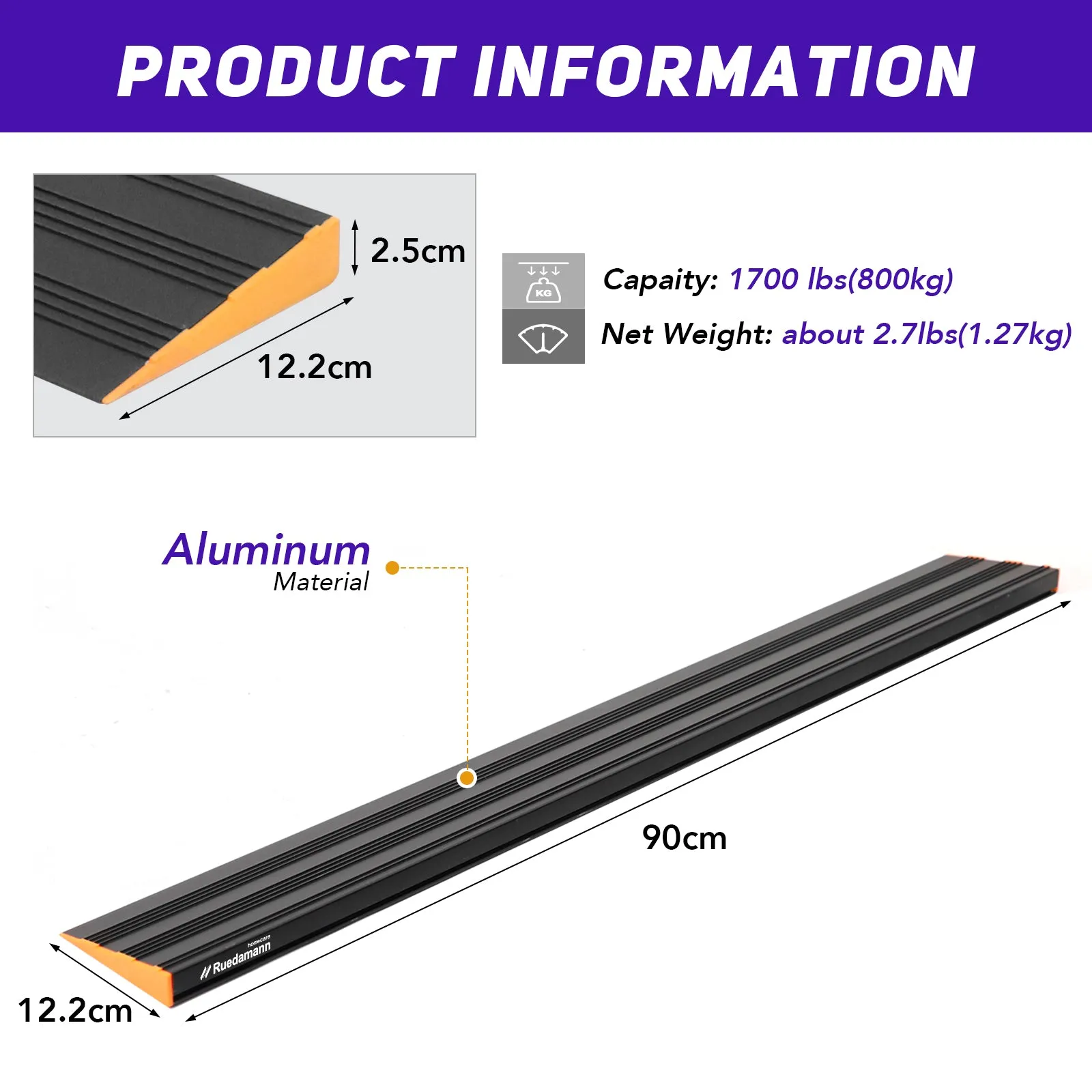 Ruedamann® Threshold Ramp Lightweight Aluminum Non Slip Mobility Assistance Ramp