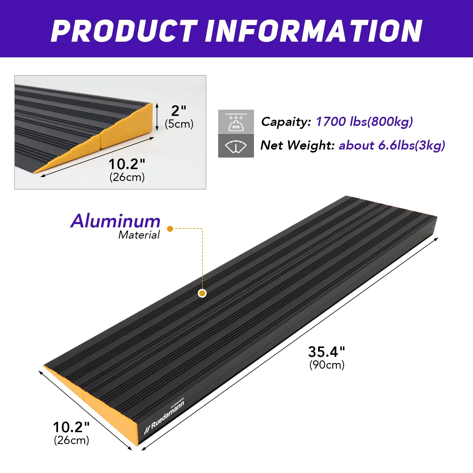 Ruedamann® Threshold Ramp Lightweight Aluminum Non Slip Mobility Assistance Ramp