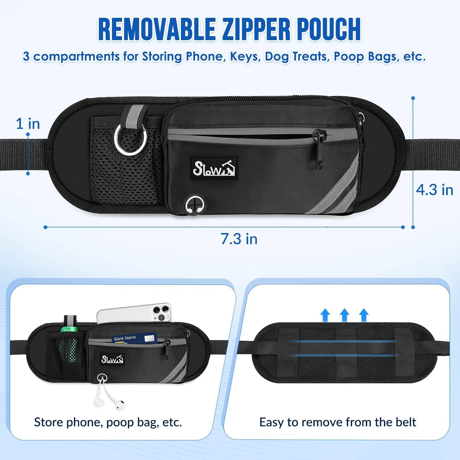 SlowTon Hands Free Dog Leash 2 Dogs - with Removable Zipper Pouch, Shock Absorbing Bungee, Dual Handle & Reflective Stitches, Wide Padded Adjustable Waist Leash for Dogs Walking Running, L for 2 Dogs