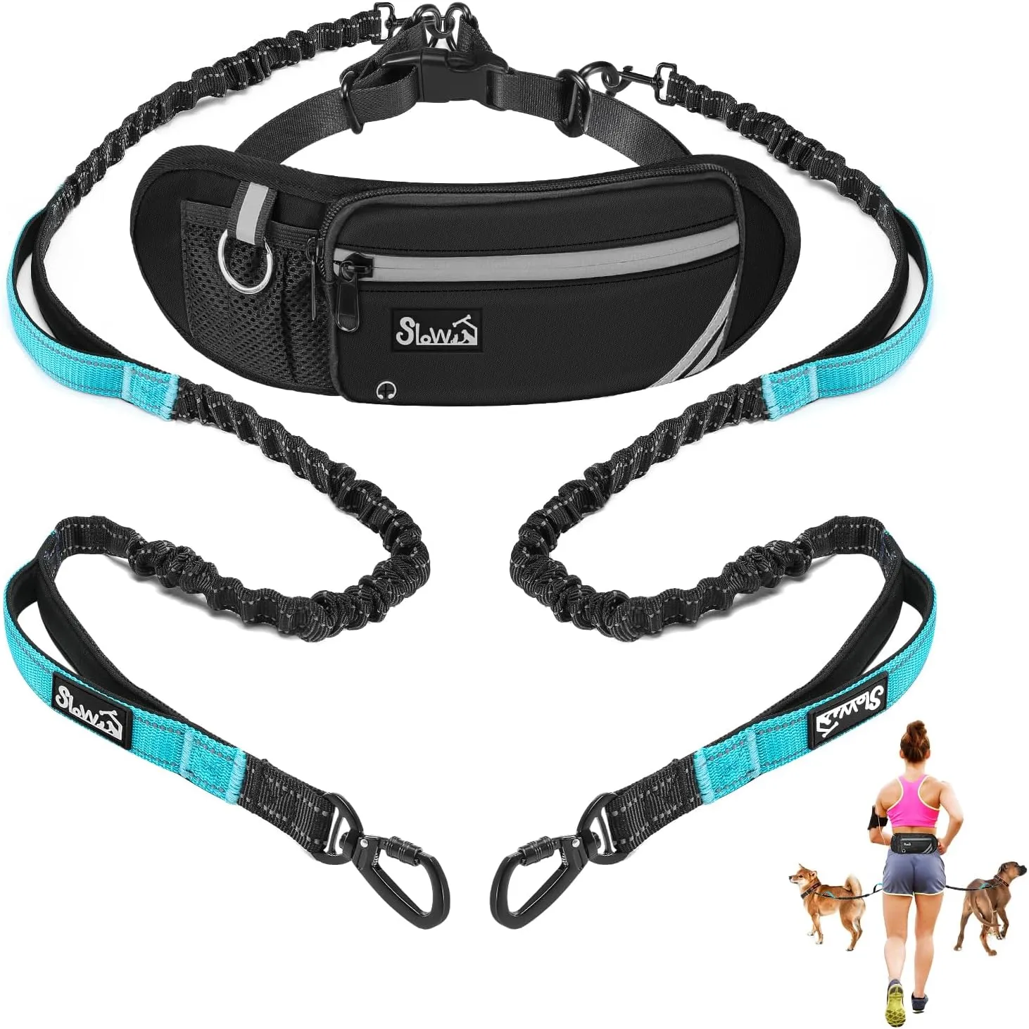 SlowTon Hands Free Dog Leash 2 Dogs - with Removable Zipper Pouch, Shock Absorbing Bungee, Dual Handle & Reflective Stitches, Wide Padded Adjustable Waist Leash for Dogs Walking Running, L for 2 Dogs