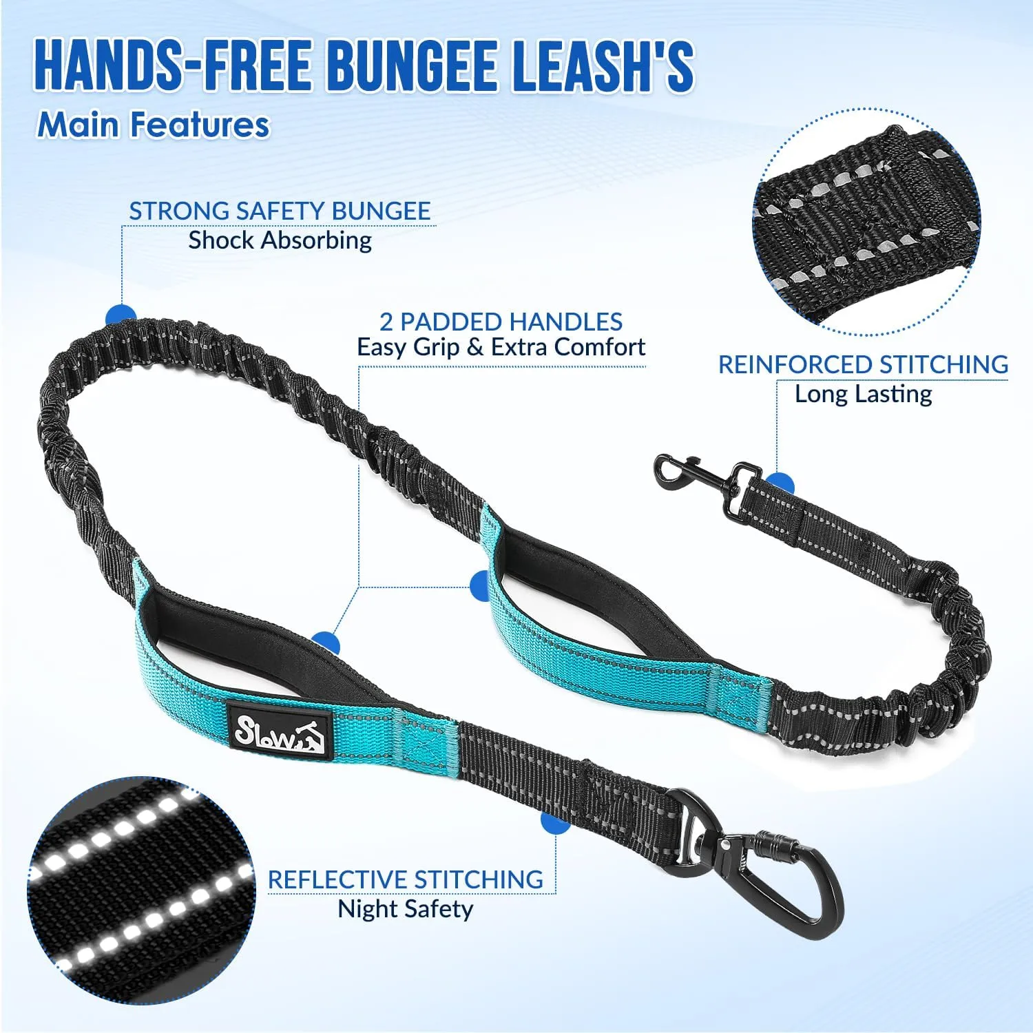 SlowTon Hands Free Dog Leash 2 Dogs - with Removable Zipper Pouch, Shock Absorbing Bungee, Dual Handle & Reflective Stitches, Wide Padded Adjustable Waist Leash for Dogs Walking Running, L for 2 Dogs