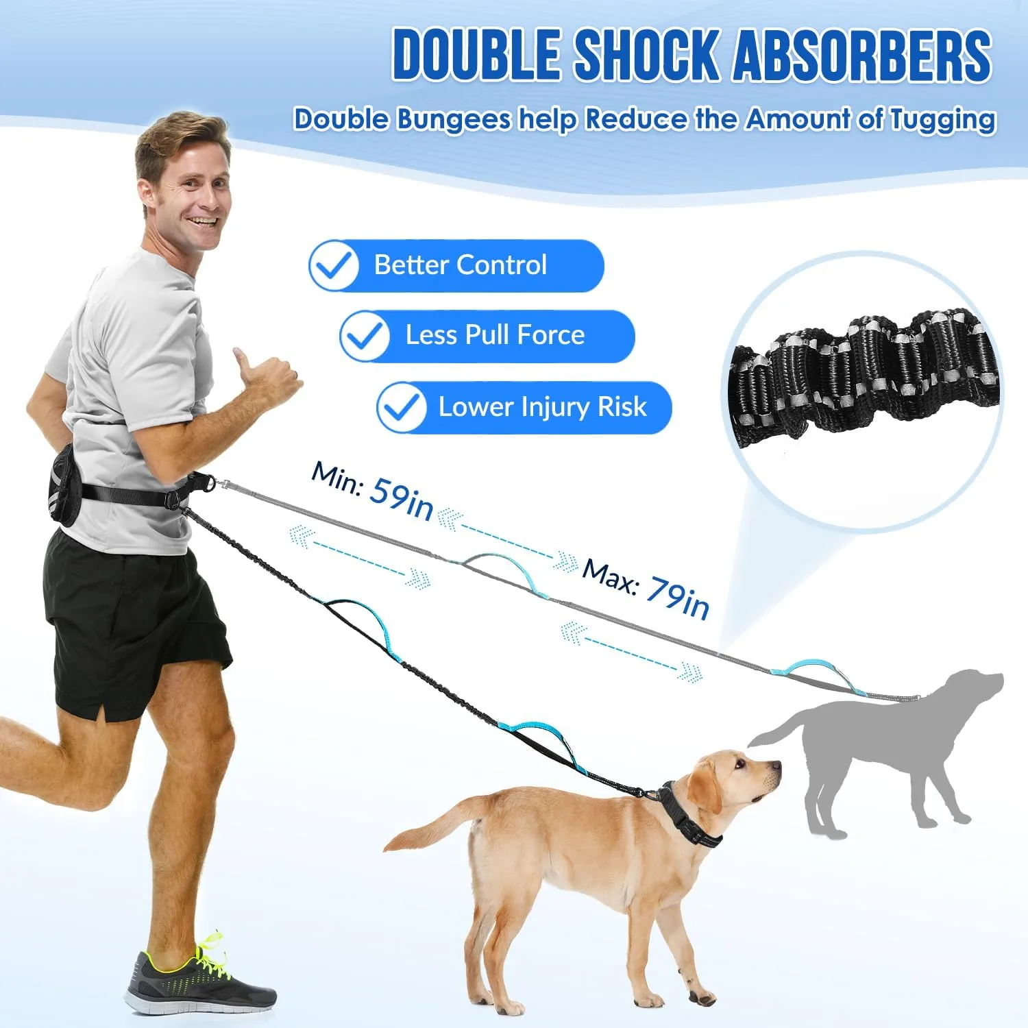 SlowTon Hands Free Dog Leash 2 Dogs - with Removable Zipper Pouch, Shock Absorbing Bungee, Dual Handle & Reflective Stitches, Wide Padded Adjustable Waist Leash for Dogs Walking Running, L for 2 Dogs