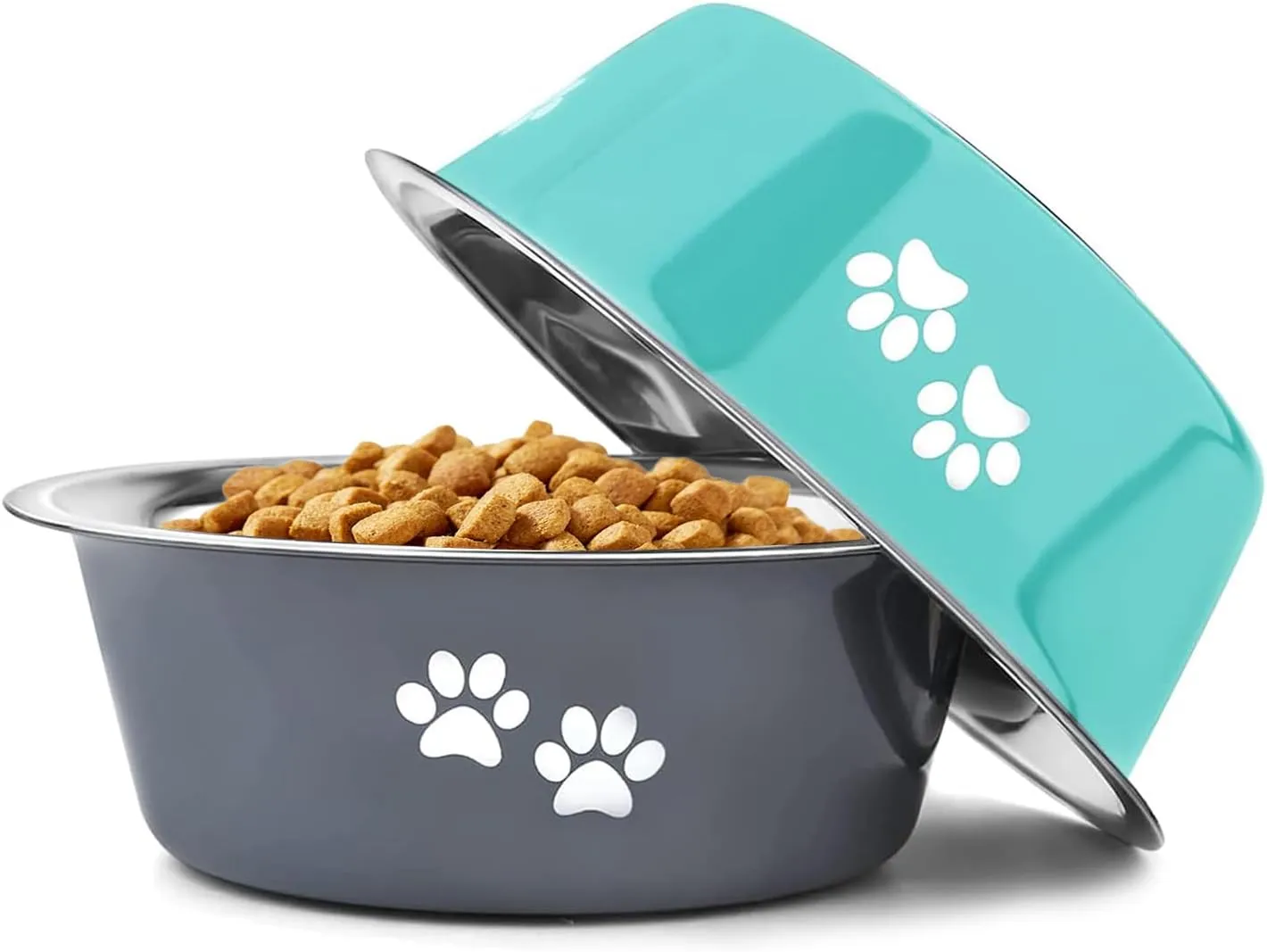 Stainless Steel Dog Bowls 2 Pack Small Medium Dogs Feeding Food Water Bowl with Non-Slip Silicone Sole, Stainless Steel Dog Dishes Elevated Raised Pet Feeder(Green Grey, M(3.6 Cups)