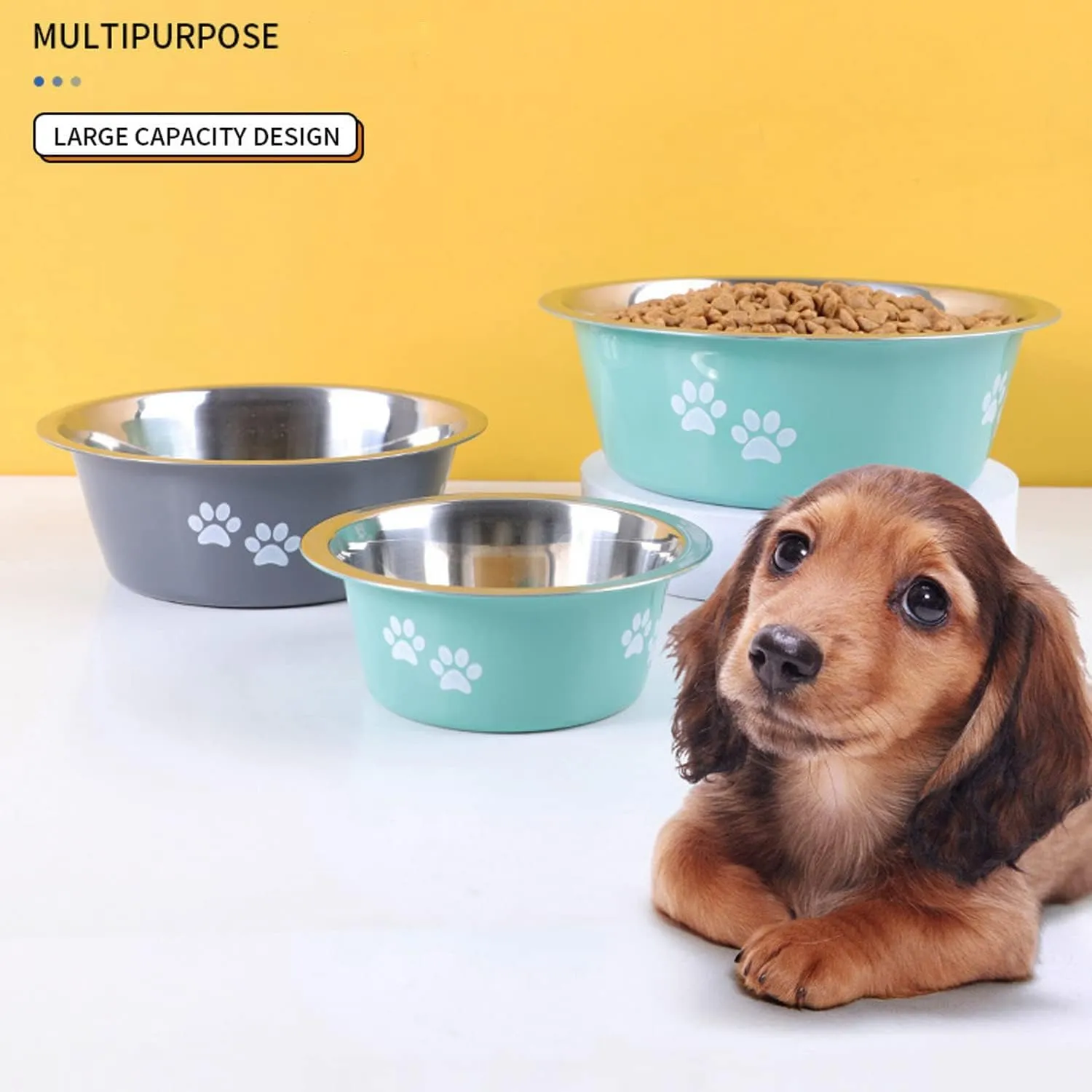 Stainless Steel Dog Bowls 2 Pack Small Medium Dogs Feeding Food Water Bowl with Non-Slip Silicone Sole, Stainless Steel Dog Dishes Elevated Raised Pet Feeder(Green Grey, M(3.6 Cups)
