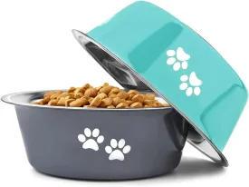 Stainless Steel Dog Bowls 2 Pack Small Medium Dogs Feeding Food Water Bowl with Non-Slip Silicone Sole, Stainless Steel Dog Dishes Elevated Raised Pet Feeder(Green Grey, M(3.6 Cups)