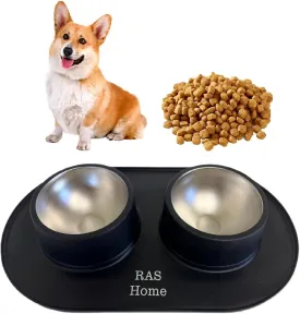 Stainless Steel Double Dog Bowls, Non Slip Suction Silicone Mat, Metal Pet Bowls (Black, 3.5 Cup, 28 Ounces)