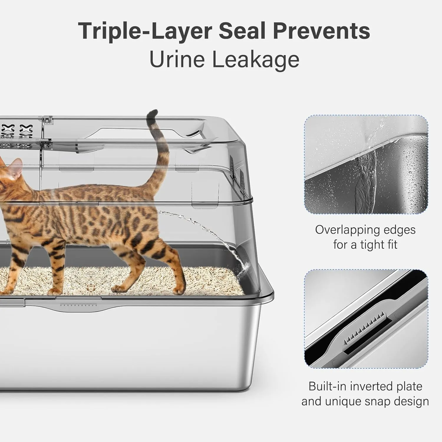 Stainless Steel Litter Box with Lid, XL Extra Large Enclosed Cat Litter Box for Big Cats 110 Flip Cover, Top Entry Metal High Sided Cat Box & Pedal & Scoop, Anti-Leakage (Black)