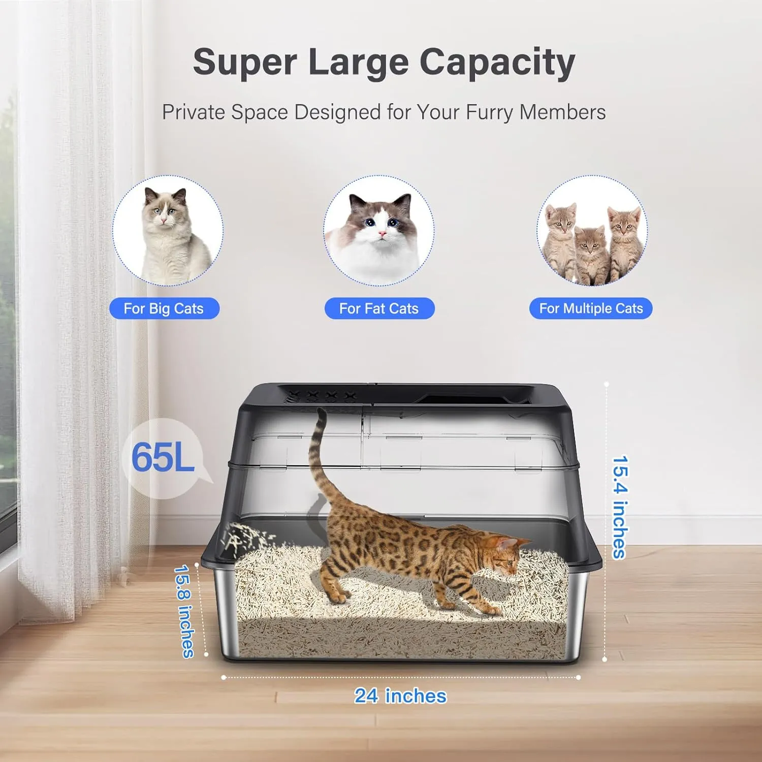 Stainless Steel Litter Box with Lid, XL Extra Large Enclosed Cat Litter Box for Big Cats 110 Flip Cover, Top Entry Metal High Sided Cat Box & Pedal & Scoop, Anti-Leakage (Black)