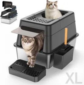Stainless Steel Litter Box with Lid, XL Extra Large Enclosed Cat Litter Box for Big Cats 110 Flip Cover, Top Entry Metal High Sided Cat Box & Pedal & Scoop, Anti-Leakage (Black)