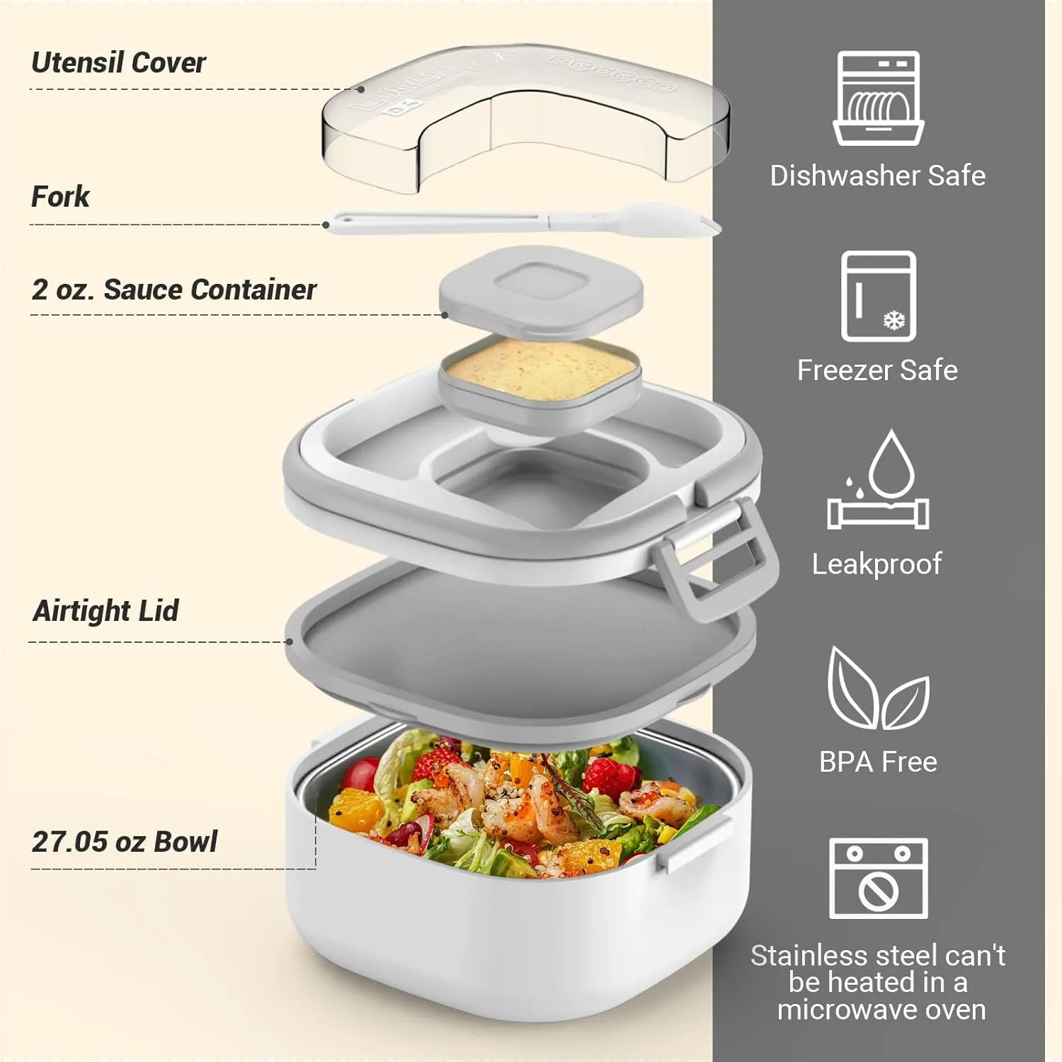 Stainless Steel Lunch Box for Adults & Kids  Leak-Proof Single Compartment,BPA-Free,Dishwasher Safe with Removable Divider & Utensils(White,Not Insulated)