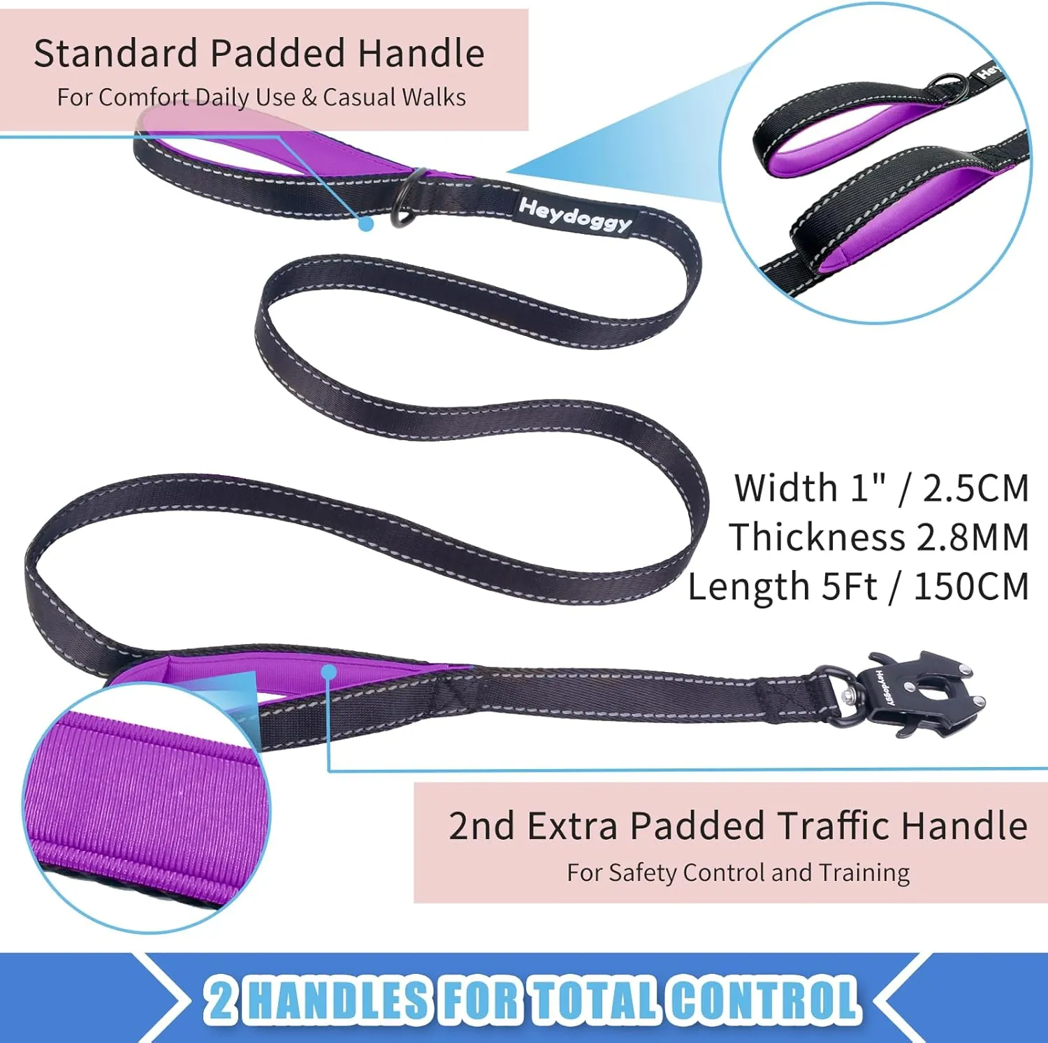 Strong Heavy Duty Dog Leash - 5ft Reflective Nylon Training Leash with Soft Padded Double Handle & Auto Lock Frog Clip - Safety Traffic Control for Large Medium Small Dog No Pull Walk Black Purple,5ft