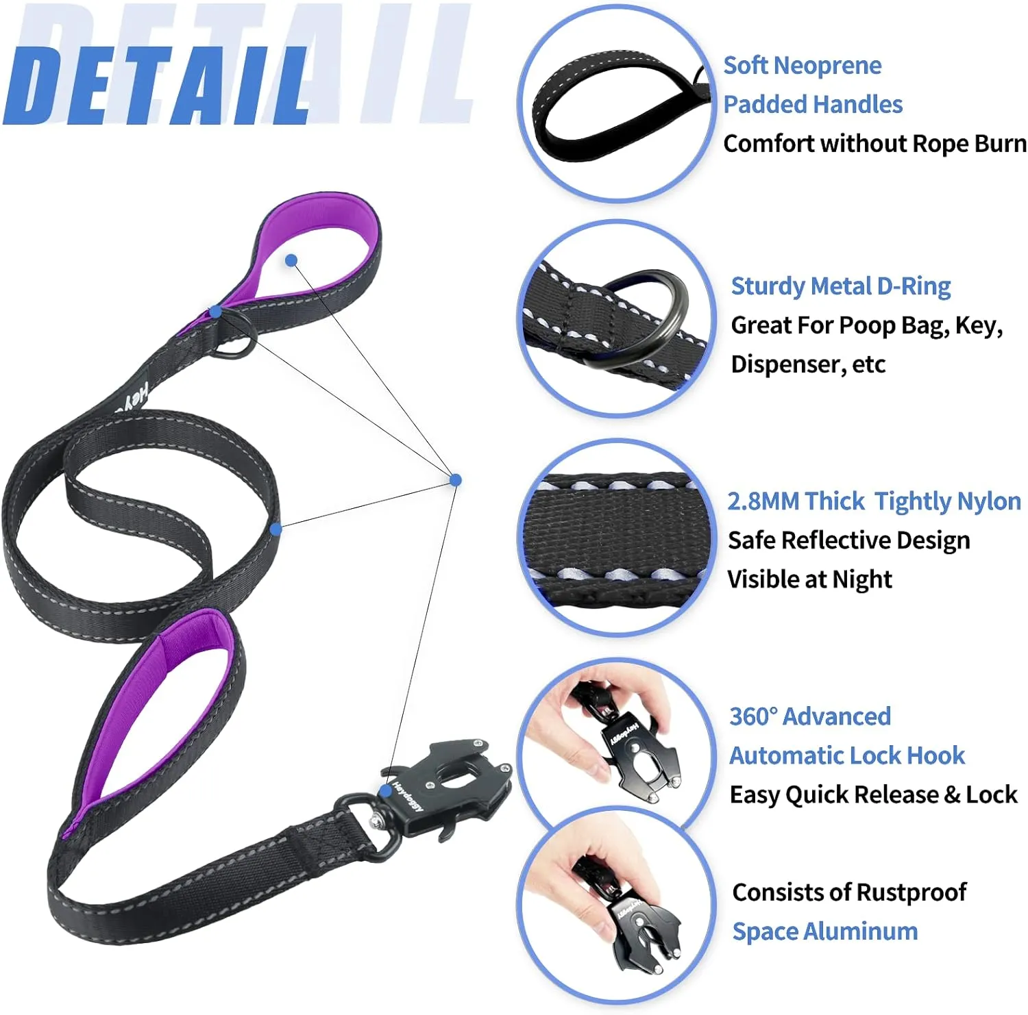 Strong Heavy Duty Dog Leash - 5ft Reflective Nylon Training Leash with Soft Padded Double Handle & Auto Lock Frog Clip - Safety Traffic Control for Large Medium Small Dog No Pull Walk Black Purple,5ft